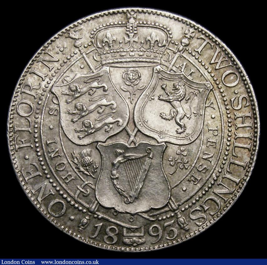 London Coins : A175 : Lot 1591 : Florin 1893 ESC 876, Bull 2962, Davies 830 dies 1A, UNC with attractive residual golden toning, in a...