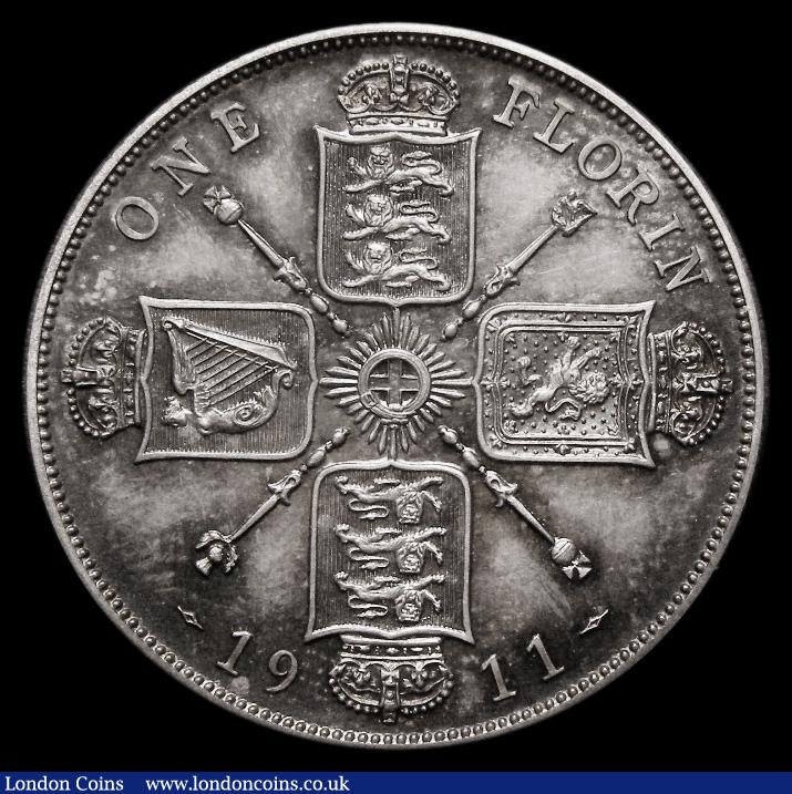 London Coins : A175 : Lot 1601 : Florin 1911 Proof ESC 930, Bull 3756, Davies 1731P, a most attractive example beautifully toned with...