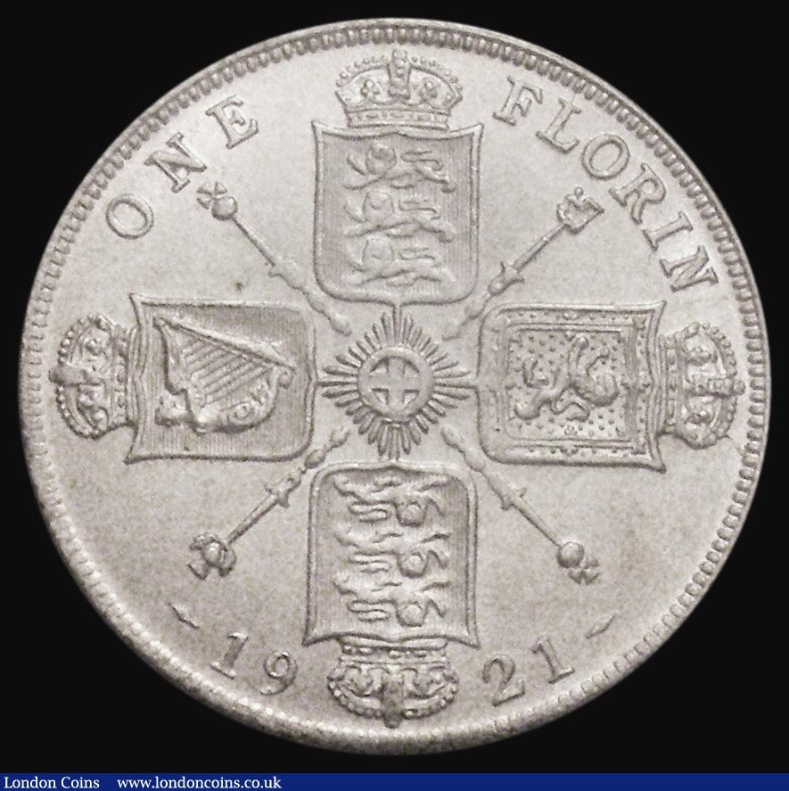 London Coins : A175 : Lot 1605 : Florin 1921 ESC 940, Bull 3768 UNC and choice, a high quality example of the low relief head type, i...