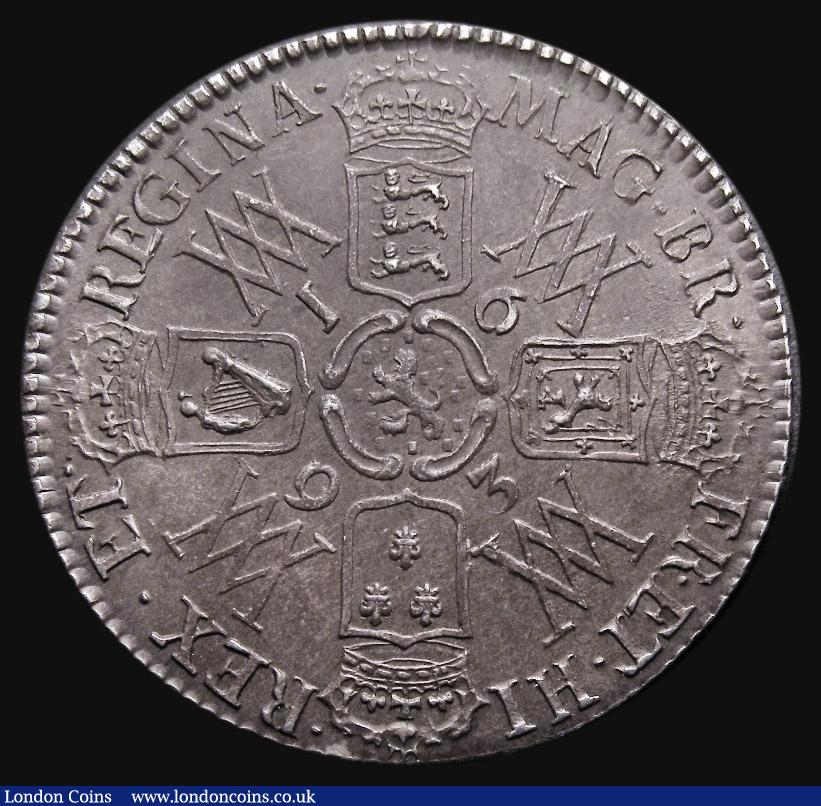 London Coins : A175 : Lot 1631 : Halfcrown 1693 ESC 519, Bull 860 UNC or very near so, with old grey toning, in an LCGS holder and gr...