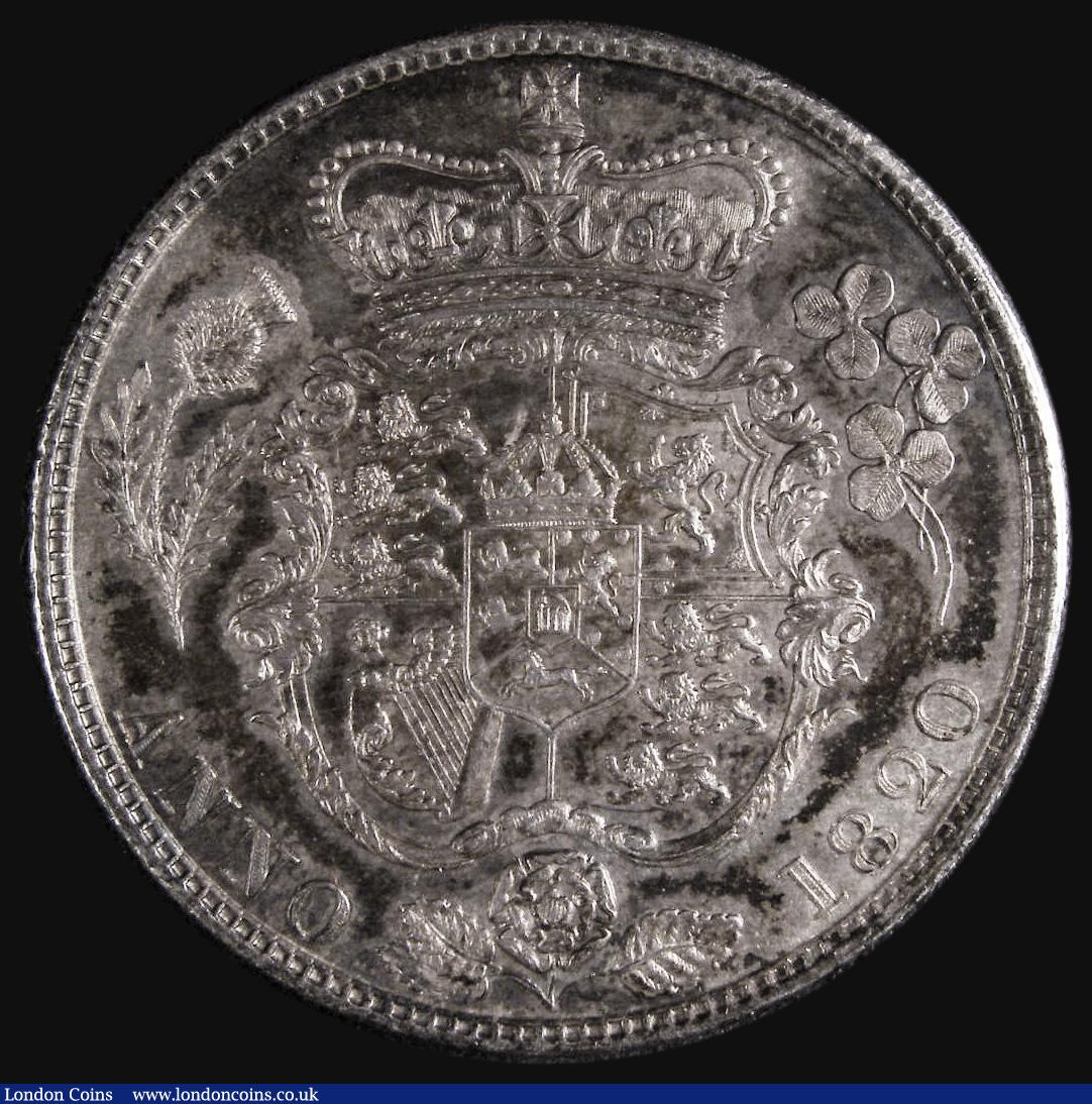 London Coins : A175 : Lot 1647 : Halfcrown 1820 George IV ESC 628, Bull 2357 UNC with old grey toning enhanced by touches of blue, go...