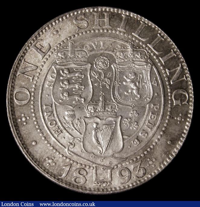 London Coins : A175 : Lot 1724 : Shilling 1893 Large Obverse Letters ESC 1361, Bull 3153, Davies 1011, UNC and lustrous with hints of...