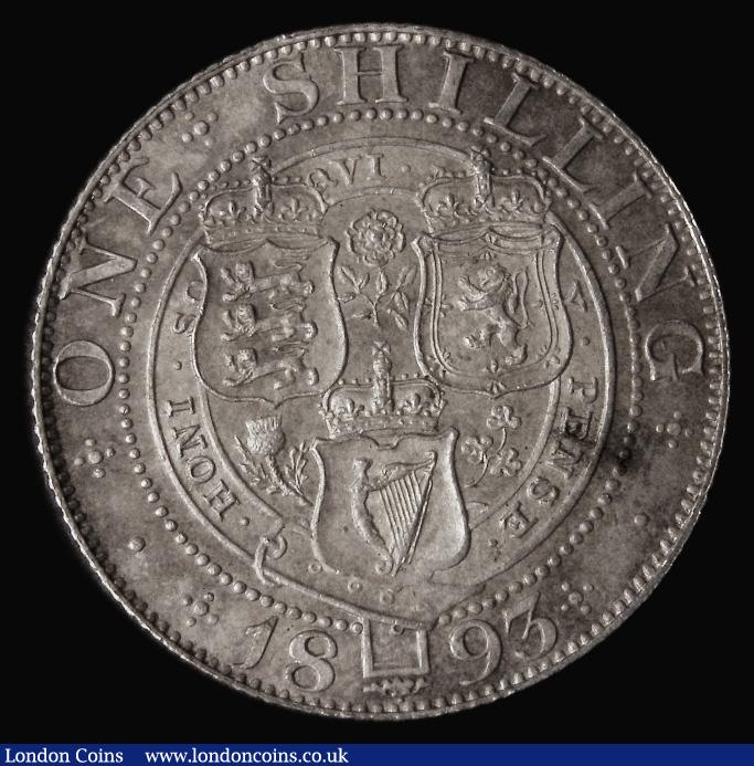 London Coins : A175 : Lot 1725 : Shilling 1893 Small Obverse Letters ESC 1361A, Bull 3154, Davies 1010, UNC with an attractive and co...