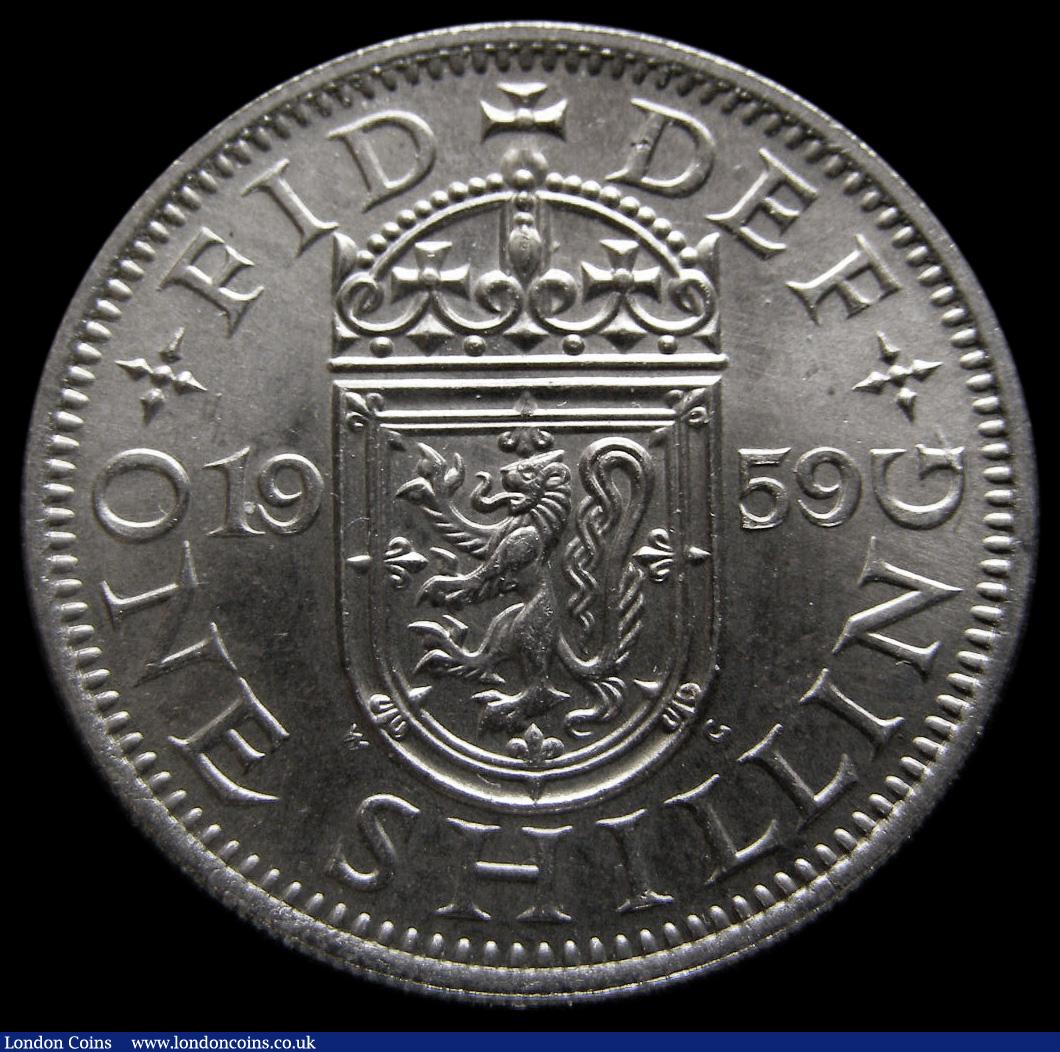 London Coins : A175 : Lot 1764 : Shilling 1959 Scottish ESC 1475Z, Bull 4502 Choice UNC and fully lustrous, the key date in the serie...