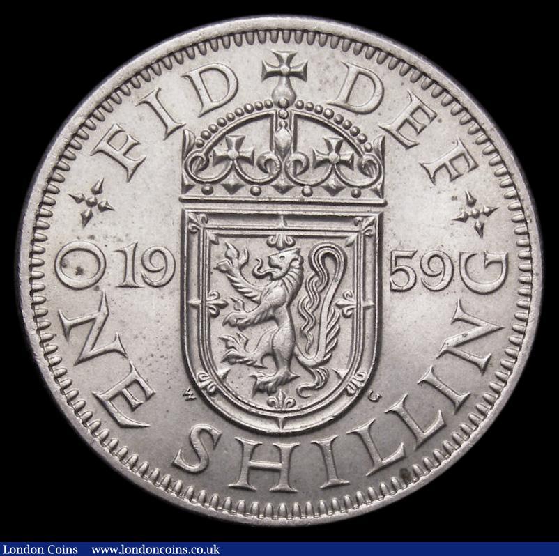 London Coins : A175 : Lot 1765 : Shilling 1959 Scottish ESC 1475Z, Bull 4502 UNC and lustrous, the key date in the series, in an LCGS...