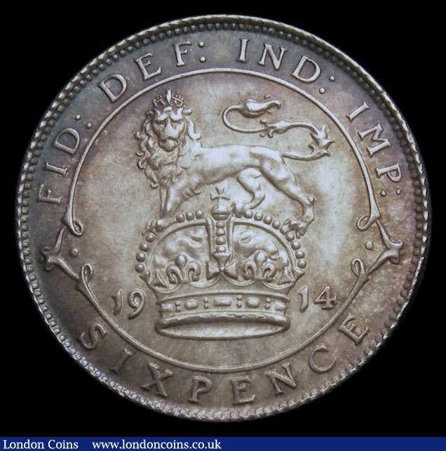 London Coins : A175 : Lot 1804 : Sixpence 1914 ESC 1799, Bull 3875 Choice UNC the obverse with a rich, deep blue tone, the reverse wi...