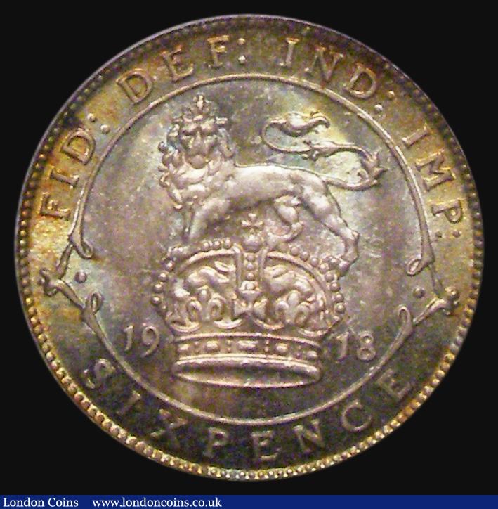 London Coins : A175 : Lot 1808 : Sixpence 1918 ESC 1803, Bull 3879 UNC with a choice deep multicoloured tone, in an LCGS holder and g...