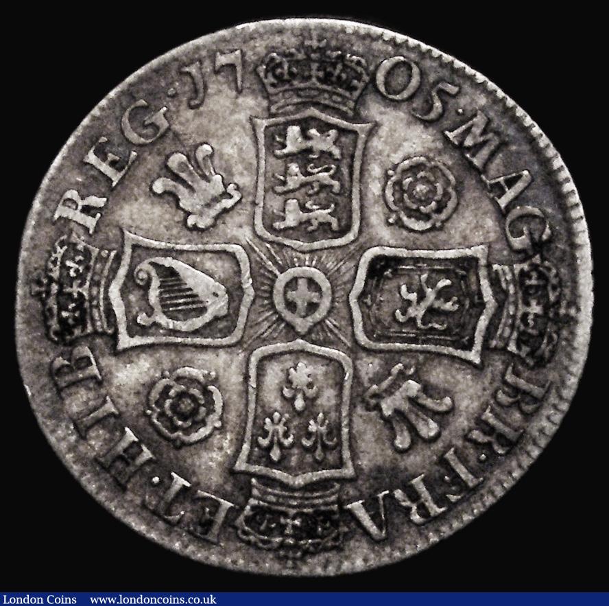 London Coins : A175 : Lot 1836 : Shilling 1705 Roses and Plumes ESC 1136, Bull 1393 Near Fine, Fine the reverse with attractive and c...