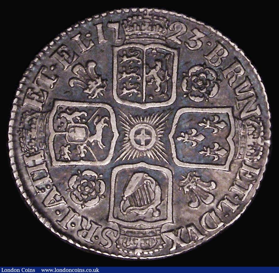 London Coins : A175 : Lot 1837 : Shilling 1723 Roses and Plumes ESC 1175, Bull 1583 Near VF the reverse with a pleasing blue and mage...