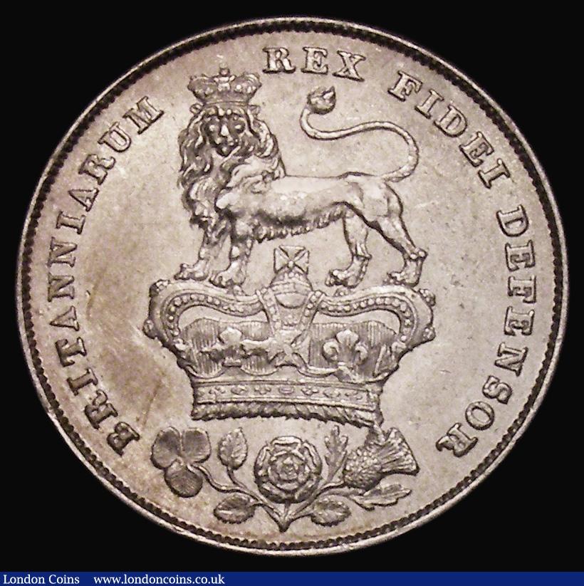 London Coins : A175 : Lot 1863 : Shilling 1825 Lion on Crown reverse, ESC 1254, Bull 2405 Bright NEF, the reverse with a die cud givi...