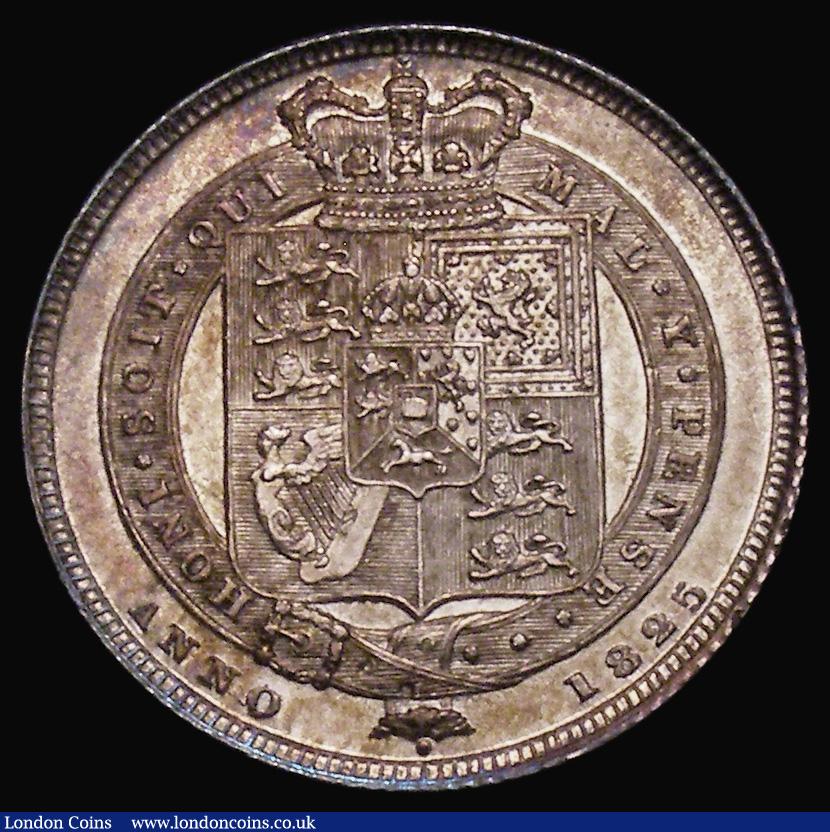 London Coins : A175 : Lot 1866 : Shilling 1825 Shield in Garter reverse ESC 1253, Bull 2402 GEF and lustrous with colourful toning, t...