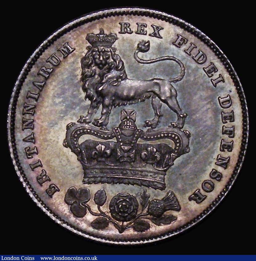 London Coins : A175 : Lot 1868 : Shilling 1826 Milled edge Proof ESC 1258, Bull 2411 nFDC with gold and blue-grey tone, retaining muc...