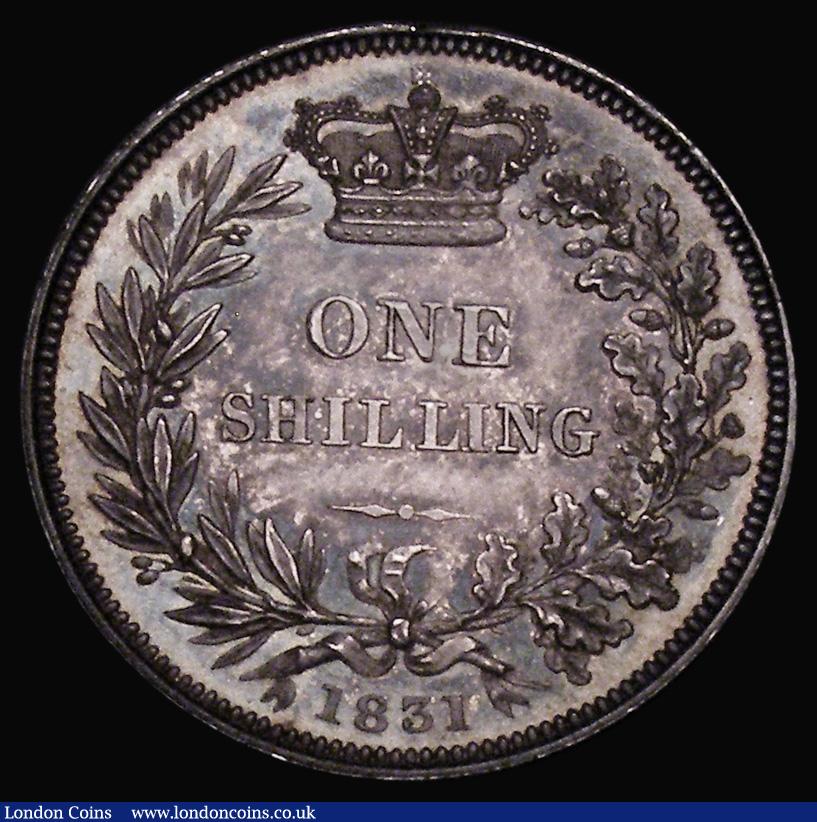 London Coins : A175 : Lot 1872 : Shilling 1831 Plain Edge Proof with upright die axis alignment, ESC 1266, Bull 2488, nFDC and with a...