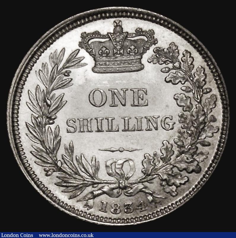 London Coins : A175 : Lot 1873 : Shilling 1834 ESC 1268, Bull 2489 UNC or very near so and lustrous with some light hairlines