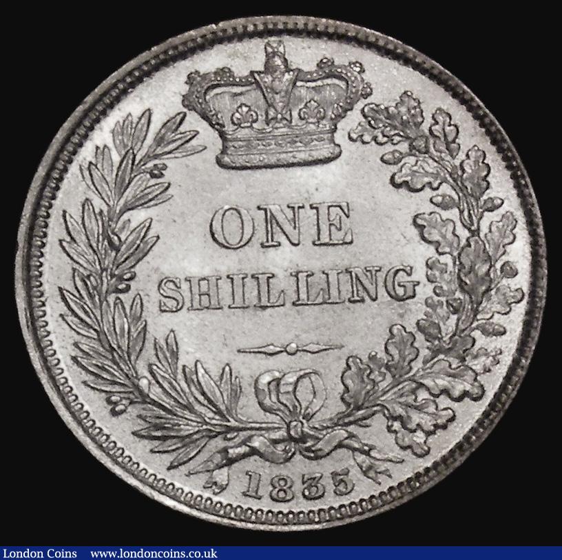 London Coins : A175 : Lot 1874 : Shilling 1835 ESC 1271, Bull 2492 UNC and lustrous with some very light contact marks, this date sca...