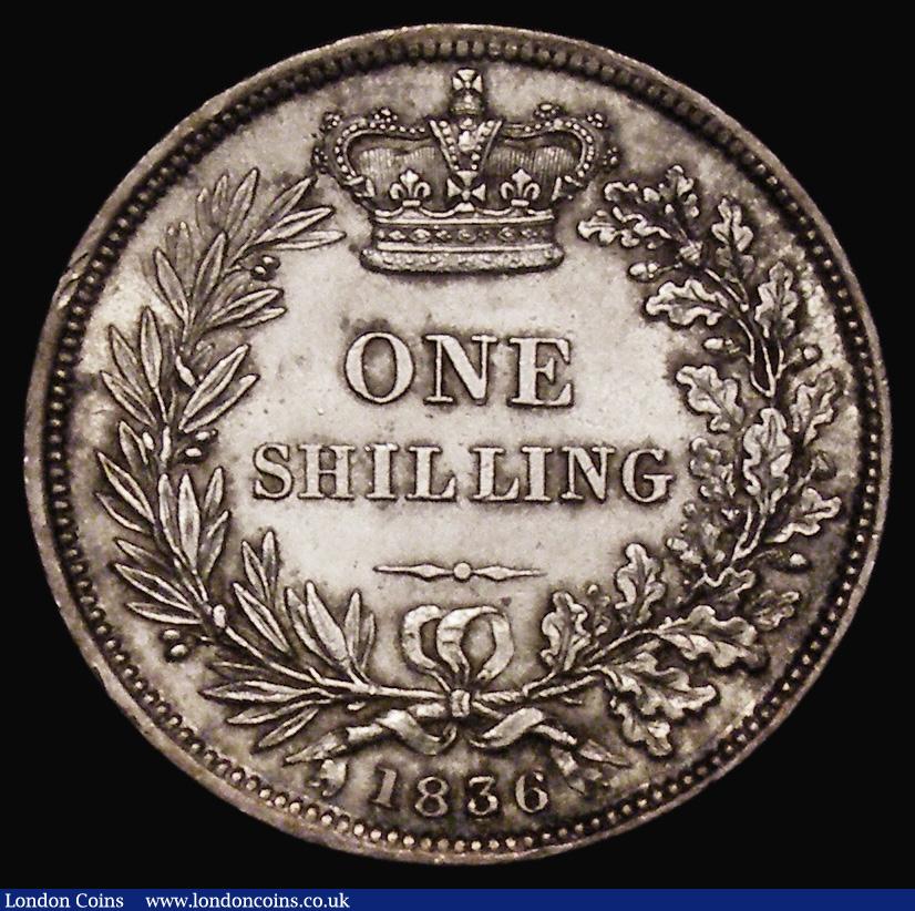 London Coins : A175 : Lot 1875 : Shilling 1836 ESC 1273, Bull 2494, EF the obverse with some golden toning and retaining some mint lu...