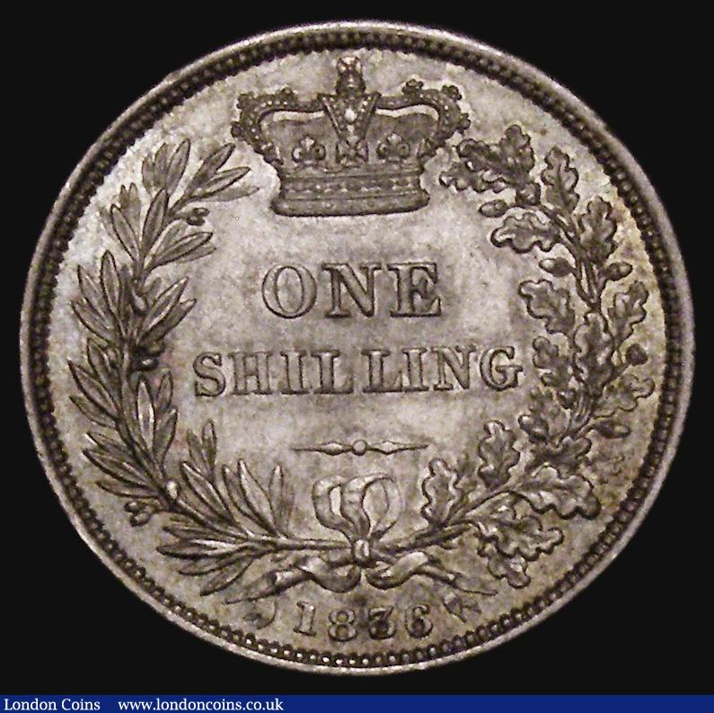 London Coins : A175 : Lot 1876 : Shilling 1836 ESC 1273, Bull 2494, UNC and nicely toned, the obverse with light cabinet friction to ...