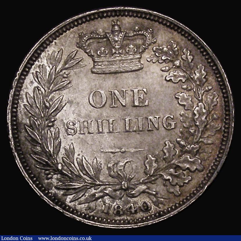 London Coins : A175 : Lot 1884 : Shilling 1840 ESC 1285, Bull 2983, EF with grey tone, the obverse with some light contact marks, Rar...