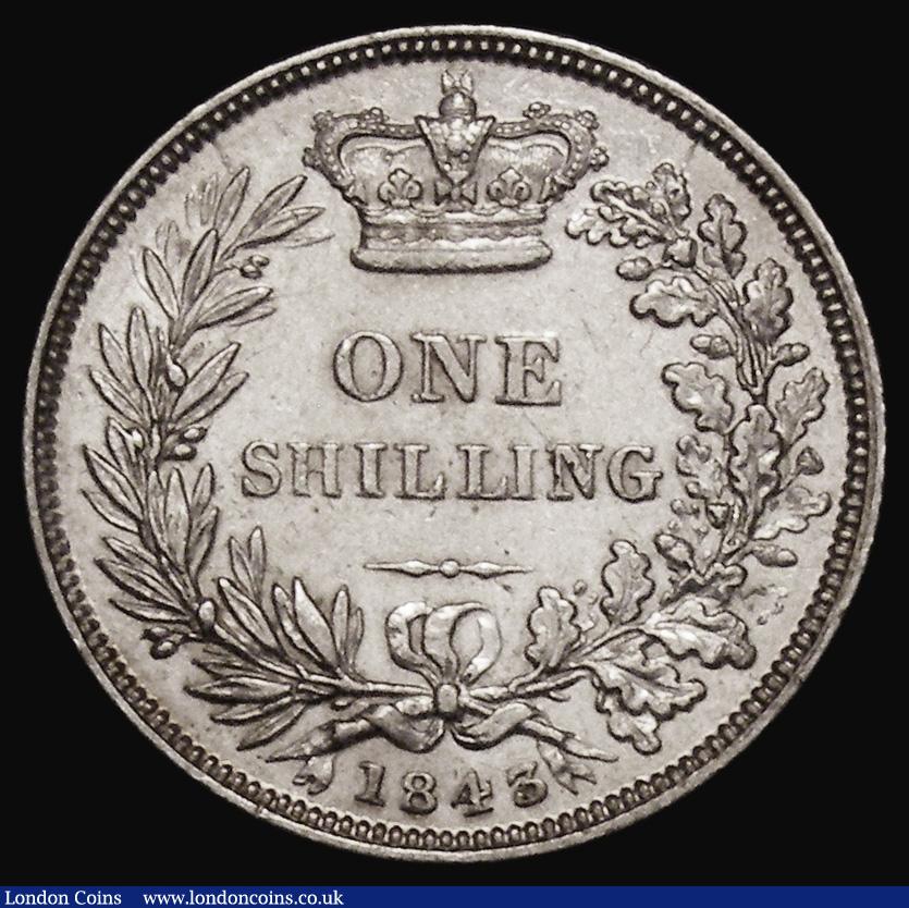 London Coins : A175 : Lot 1888 : Shilling 1843 ESC 1290, Bull 2989 GVF/NEF, a rare date and missing from many Shilling collections