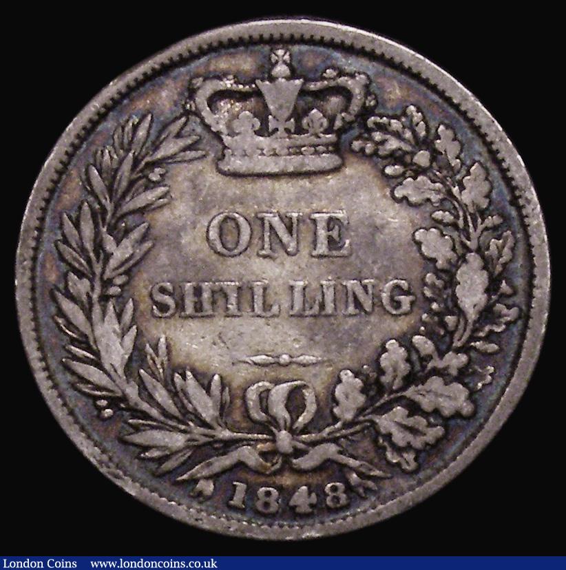 London Coins : A175 : Lot 1893 : Shilling 1848 8 over 6 ESC 1294, Bull 2994 VG with a colourful old tone, a collectable example and r...