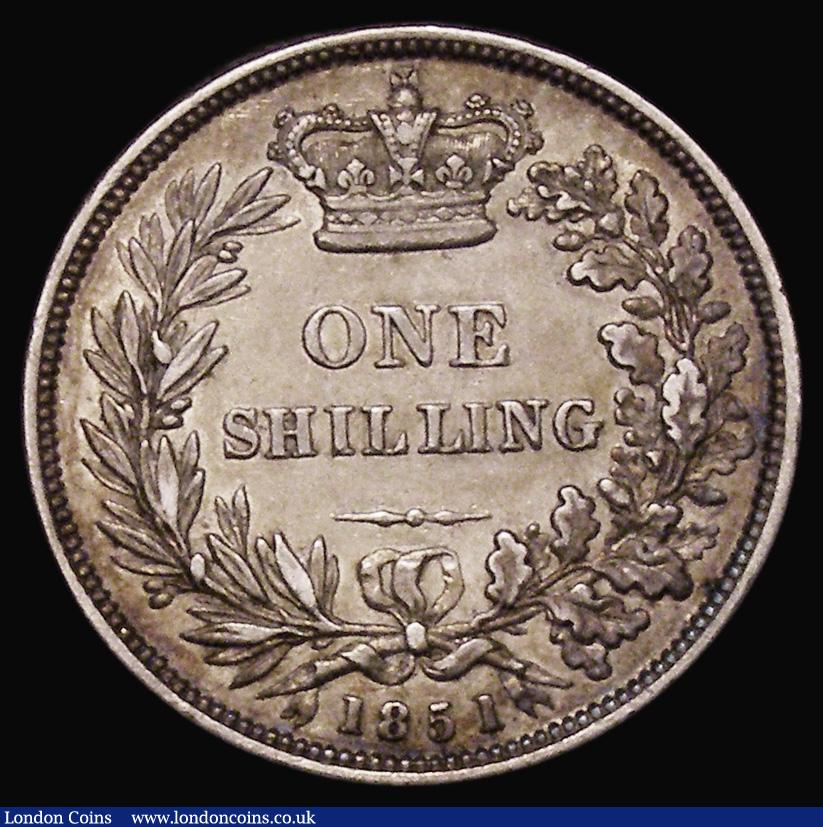 London Coins : A175 : Lot 1899 : Shilling 1851 ESC 1298, Bull 2999, Near VF with gold toning, Rare in all grades above Fine