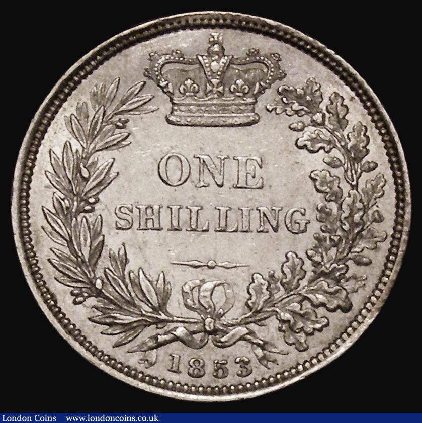 London Coins : A175 : Lot 1901 : Shilling 1853 ESC 1300, Bull 3002, EF and lustrous with some hairlines