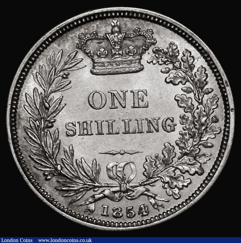 London Coins : A175 : Lot 1902 : Shilling 1854 4 over inverted 4 ESC 1302A, GEF/AU the obverse rubbed on the Queen's cheek and d...