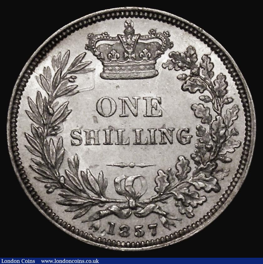 London Coins : A175 : Lot 1905 : Shilling 1857 ESC 1305, Bull 3008,EF/GEF with some light hairlines and small rim nicks