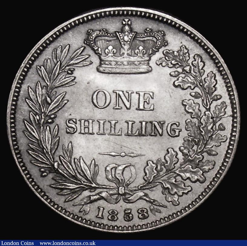 London Coins : A175 : Lot 1907 : Shilling 1858 Bull 3014, Davies Dies 3A, 8 over 9 previously unrecorded by Davies for this date (sim...