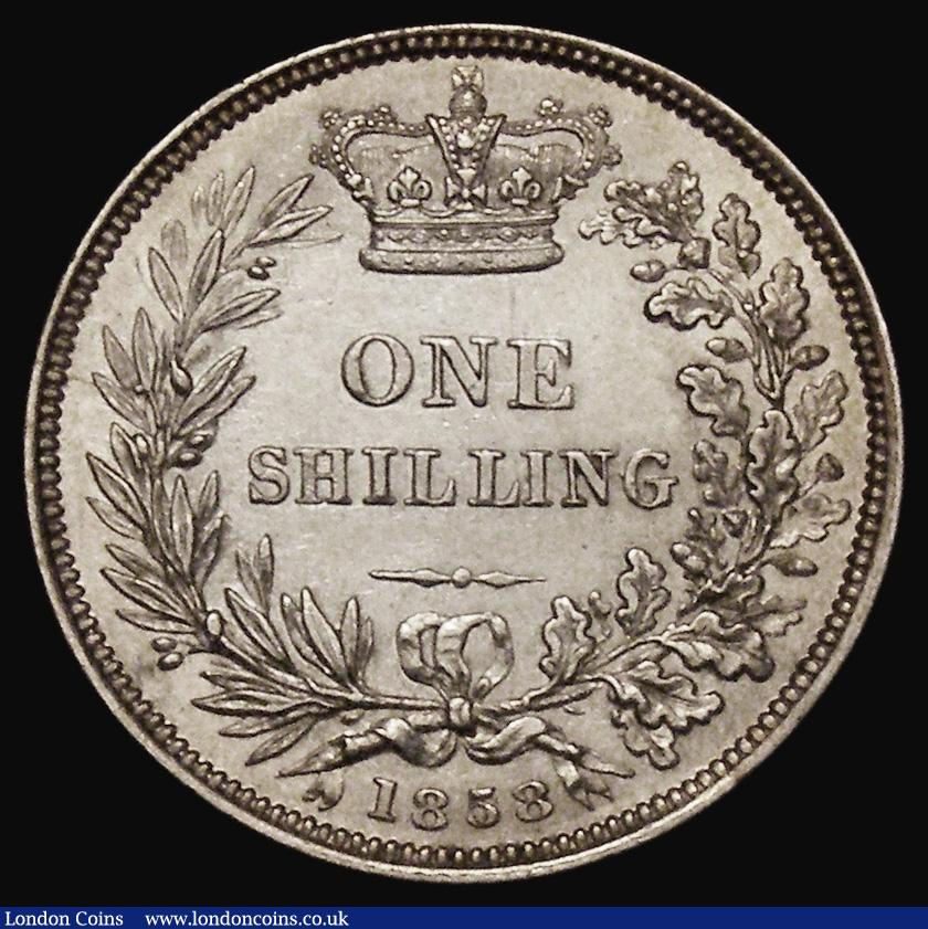 London Coins : A175 : Lot 1908 : Shilling 1858 ESC 1306, Bull 3011, Davies 873 dies 2A, GEF/EF with some hairlines