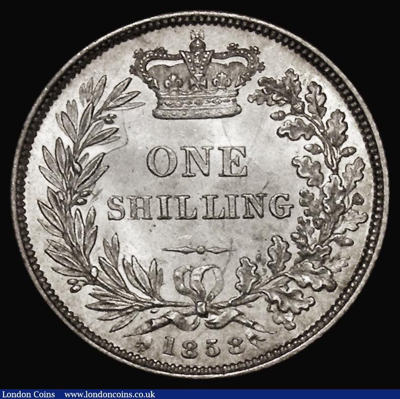 London Coins : A175 : Lot 1909 : Shilling 1858 ESC 1306, Bull 3011, Davies 873 dies 2A, Lustrous UNC and choice with a hint of golden...