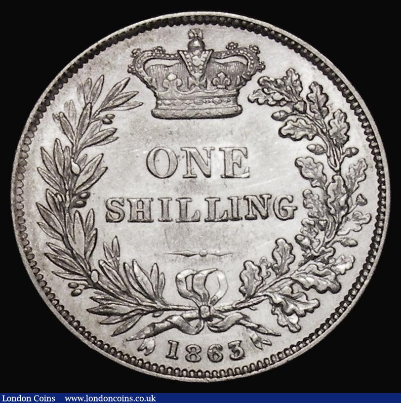 London Coins : A175 : Lot 1913 : Shilling 1863 3 over 1 ESC 1311A, Bull 3023, Davies 885 Bright GVF/NEF rated R4 by ESC and Bull. Ex-...