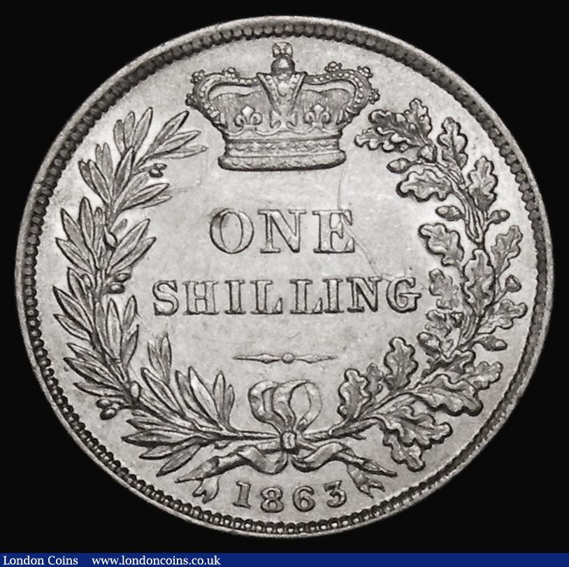 London Coins : A175 : Lot 1914 : Shilling 1863 ESC 1311, Bull 3022, EF/GEF brushed, a key date rarity in the Young Head series and se...