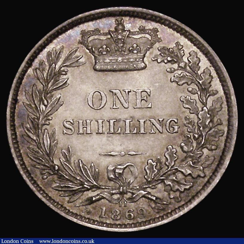 London Coins : A175 : Lot 1918 : Shilling 1869 ESC 1319, Bull 3037, Die Number 11, EF with light hairlines, the reverse nicely toned,...