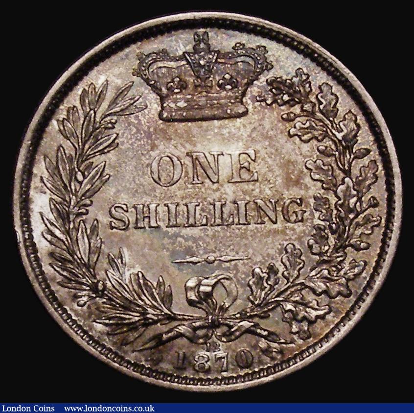 London Coins : A175 : Lot 1919 : Shilling 1870 ESC 1320, Bull 3038, Die Number 12, EF and colourfully toned, this date rare in high g...