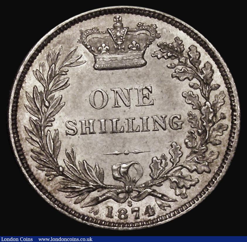 London Coins : A175 : Lot 1923 : Shilling 1874 ESC 1326, Bull 3044, Crosslet 4, Davies 903 Die Number 8, GEF/AU and lustrous, the rev...