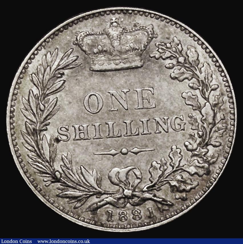 London Coins : A175 : Lot 1933 : Shilling 1881 Longer Line below SHILLING, ESC 1338, Bull 3068. Davies 916 dies 7D, EF/NEF the revers...