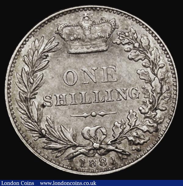 Shilling 1881 Longer Line below SHILLING, ESC 1338, Bull 3068. Davies 916 dies 7D, EF/NEF the reverse with gold toning : English Coins : Auction 175 : Lot 1933