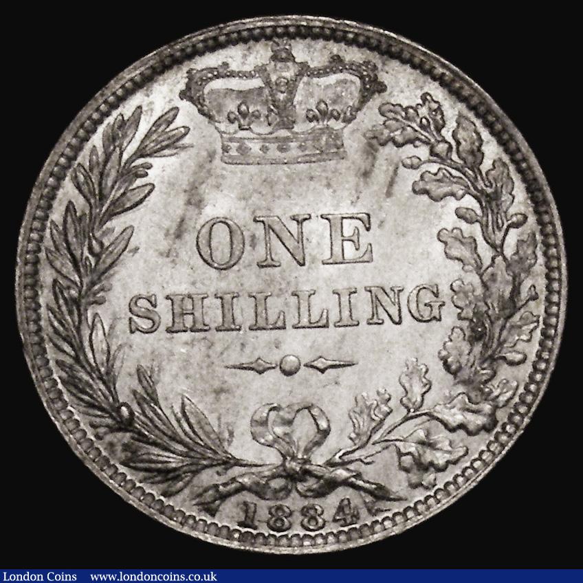 London Coins : A175 : Lot 1937 : Shilling 1884 Shorter line below SHILLING, ESC 1343 Davies 922 dies 7F, Cross on crown points to a b...