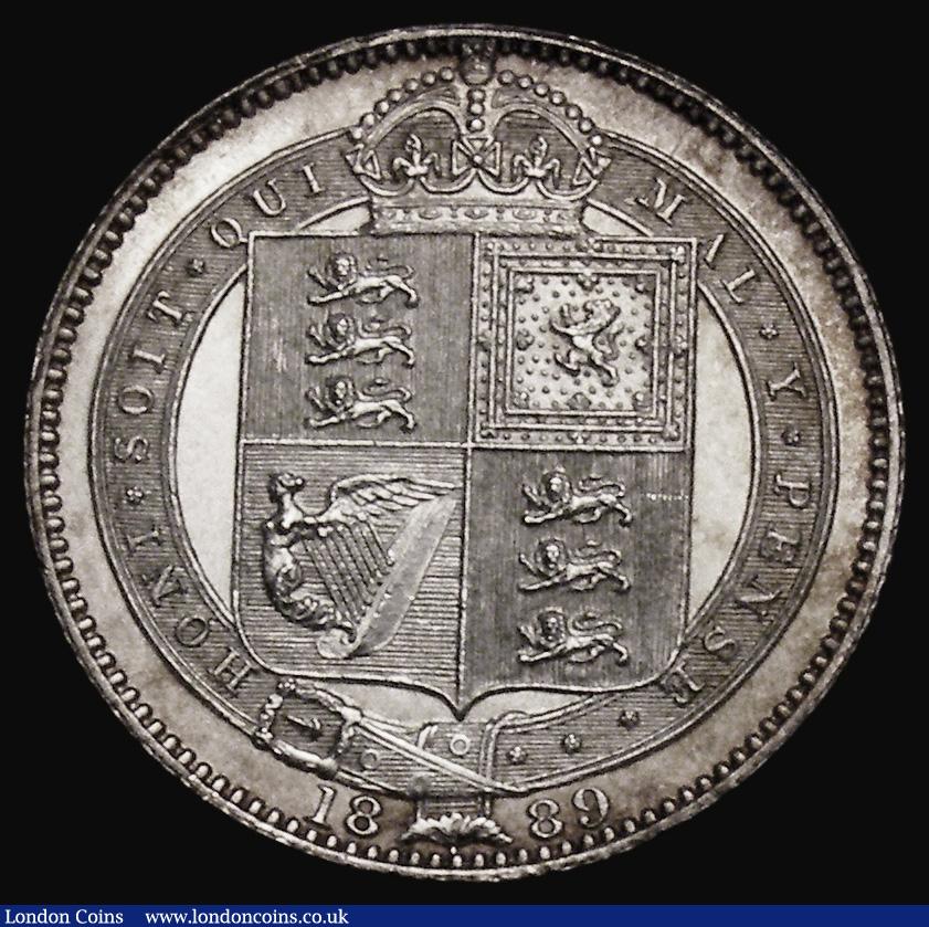 London Coins : A175 : Lot 1943 : Shilling 1889 Large Jubilee Head ESC 1355, Bull 3142,  Davies 986 dies 2D, Lustrous UNC