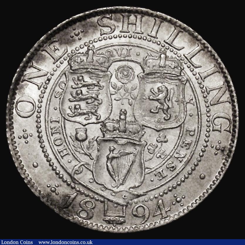 London Coins : A175 : Lot 1951 : Shilling 1894 Large Obverse Lettering ESC 1363, Bull 3156, Davies 1015 dies 2B, A/UNC with some cont...