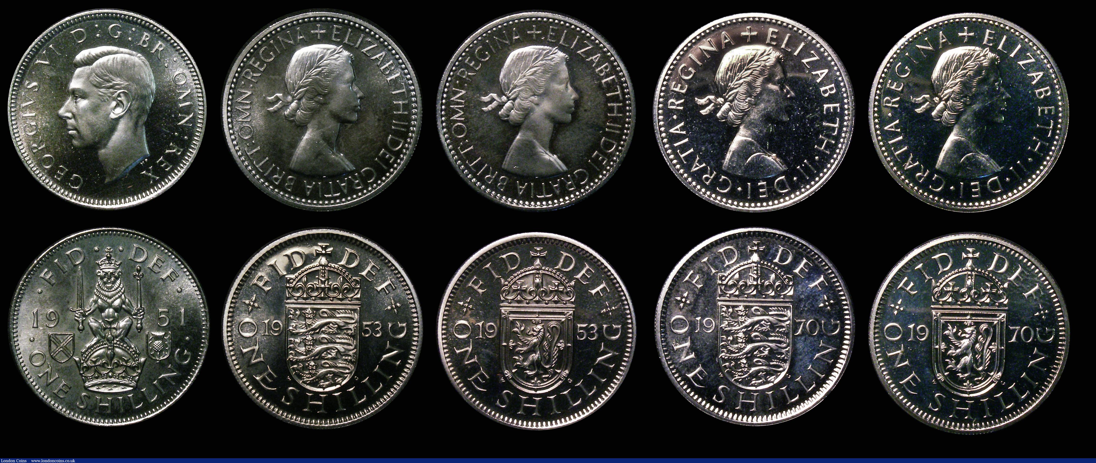 London Coins : A175 : Lot 1992 : Shillings (10) 1937E Proof ESC 1451, Bull 4121, nFDC lightly toned, 1937S Proof ESC 1453, Bull 4150 ...