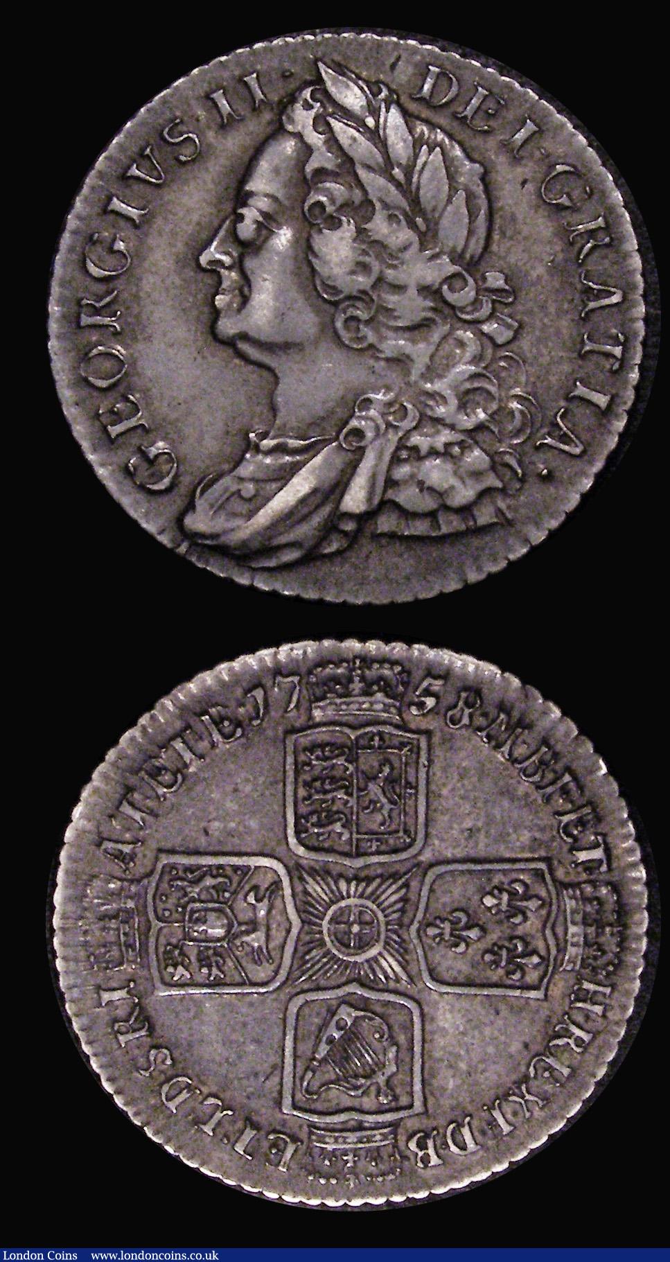 London Coins : A175 : Lot 2000 : Shillings (3) 1745 LIMA ESC 1205, Bull 1724 Good Fine with touches of gold tone, 1750 Thin 0 in date...