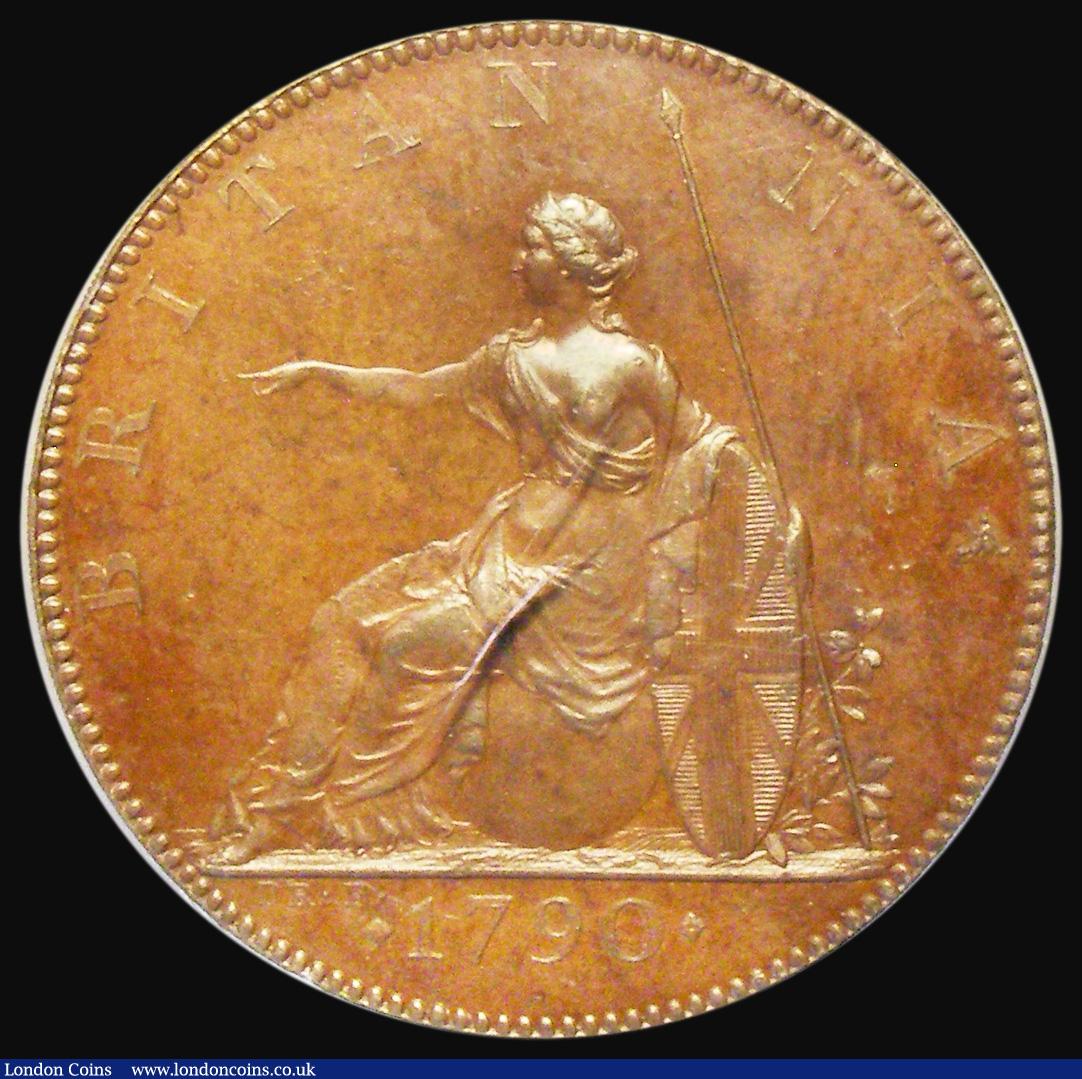 London Coins : A175 : Lot 2022 : Halfpenny 1790 Pattern in Bronzed Copper by Droz. Peck 953, DH6, Obverse: Undraped bust to right wit...