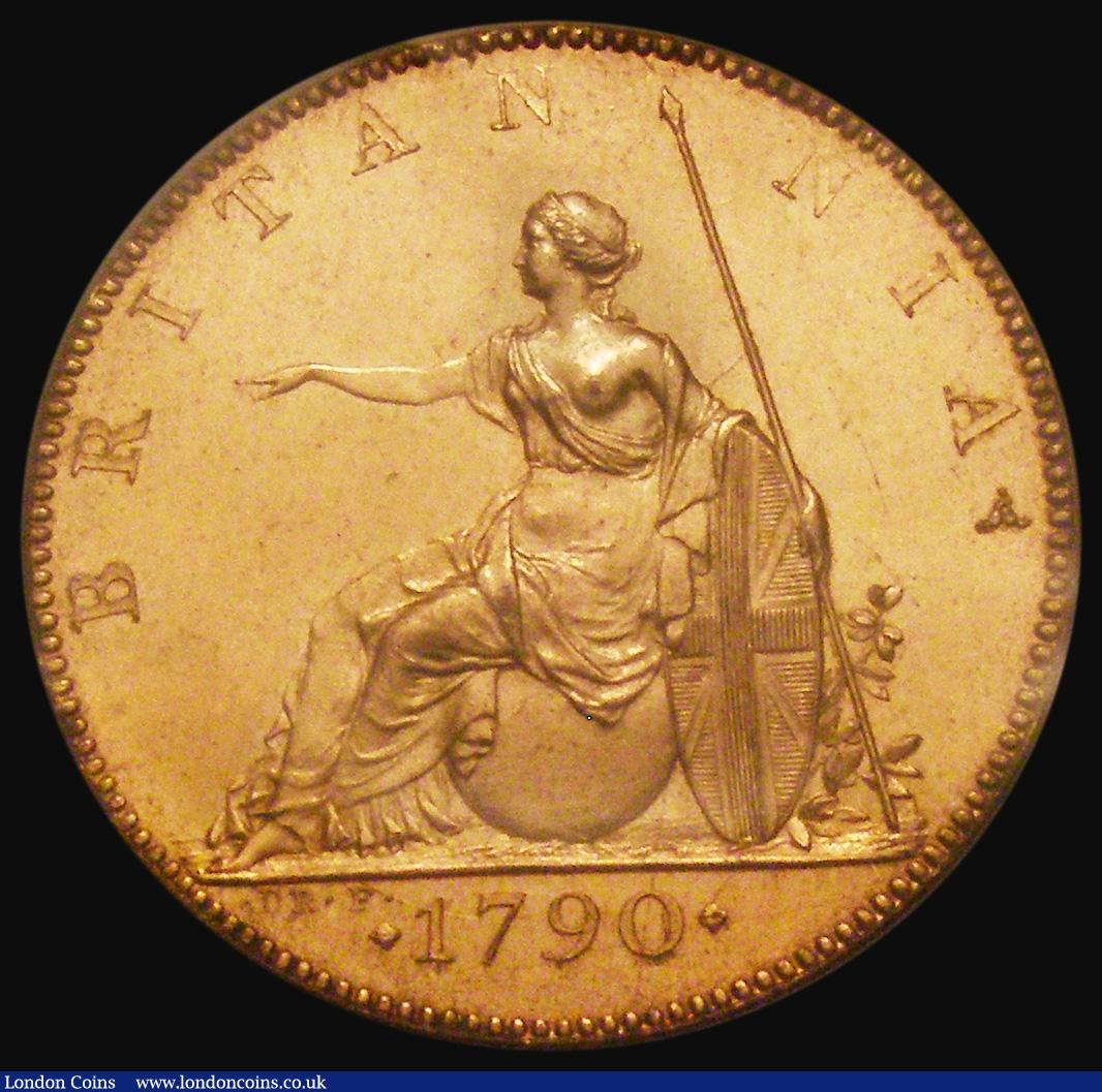 London Coins : A175 : Lot 2023 : Halfpenny 1790 Pattern in Brown Gilt, by Droz. Peck 952, DH6, Obverse: Undraped bust to right with a...