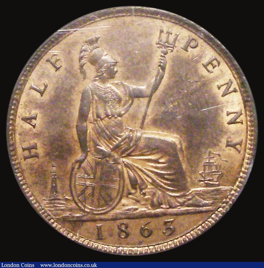 London Coins : A175 : Lot 2051 : Halfpenny 1863 Large upper section to 3, Freeman 292 dies 7+G, UNC and lustrous with some small flaw...