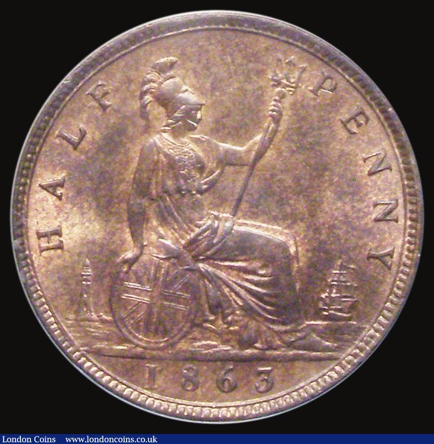 London Coins : A175 : Lot 2052 : Halfpenny 1863 Small upper section to 3, Freeman 294 dies 7+G, UNC with around 20% lustre, in an LCG...