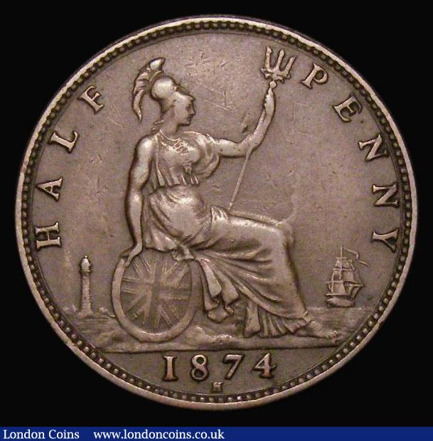 London Coins : A175 : Lot 2058 : Halfpenny 1874H D over higher, tilted D in F:D: also the lower colon dot after the F in F:D: is cres...