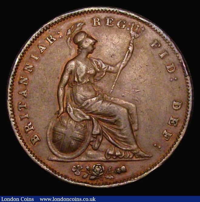 London Coins : A175 : Lot 2170 : Penny 1858 Large Rose, W.W on truncation, Ornamental Trident Fine, in an LCGS holder and graded LCGS...