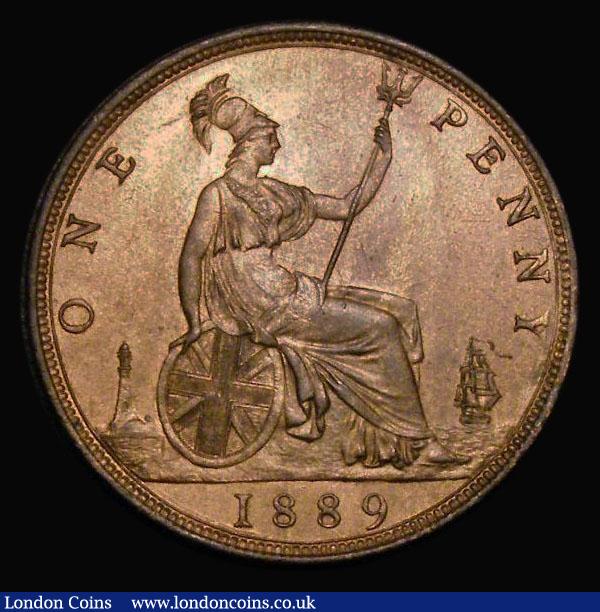 London Coins : A175 : Lot 2268 : Penny 1889 15 Leaves in wreath, Freeman 127 dies 12+N, UNC with good, slightly subdued lustre, in an...